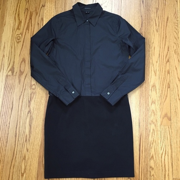 Theory black colorblock half button down long sleeve career shirt dress size 10 - Picture 13 of 16